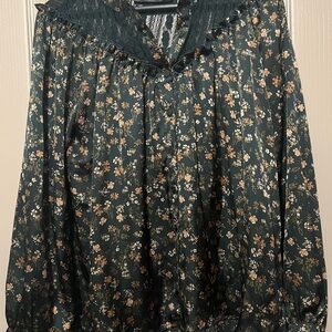 Silky dark green floral blouse with lace shoulder section. Worn once.